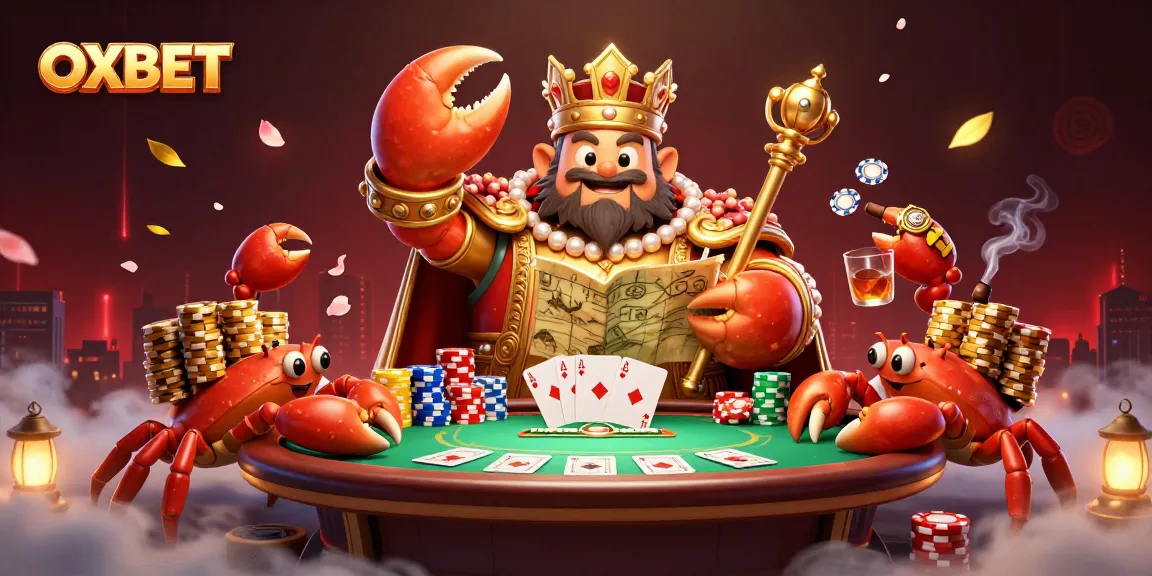 Experience the exciting world of OXBET with a vibrant 3D illustration showcasing a golden crab emperor amid a lively casino scene.