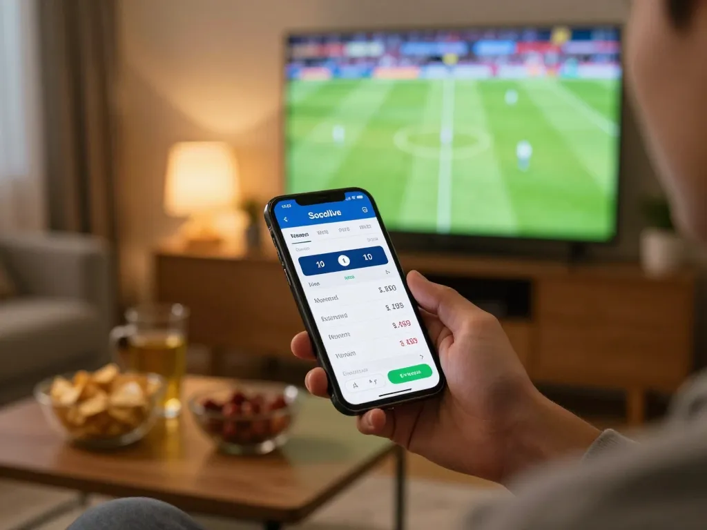 Socolive user engaging with live sports betting app on smartphone in a cozy home setting