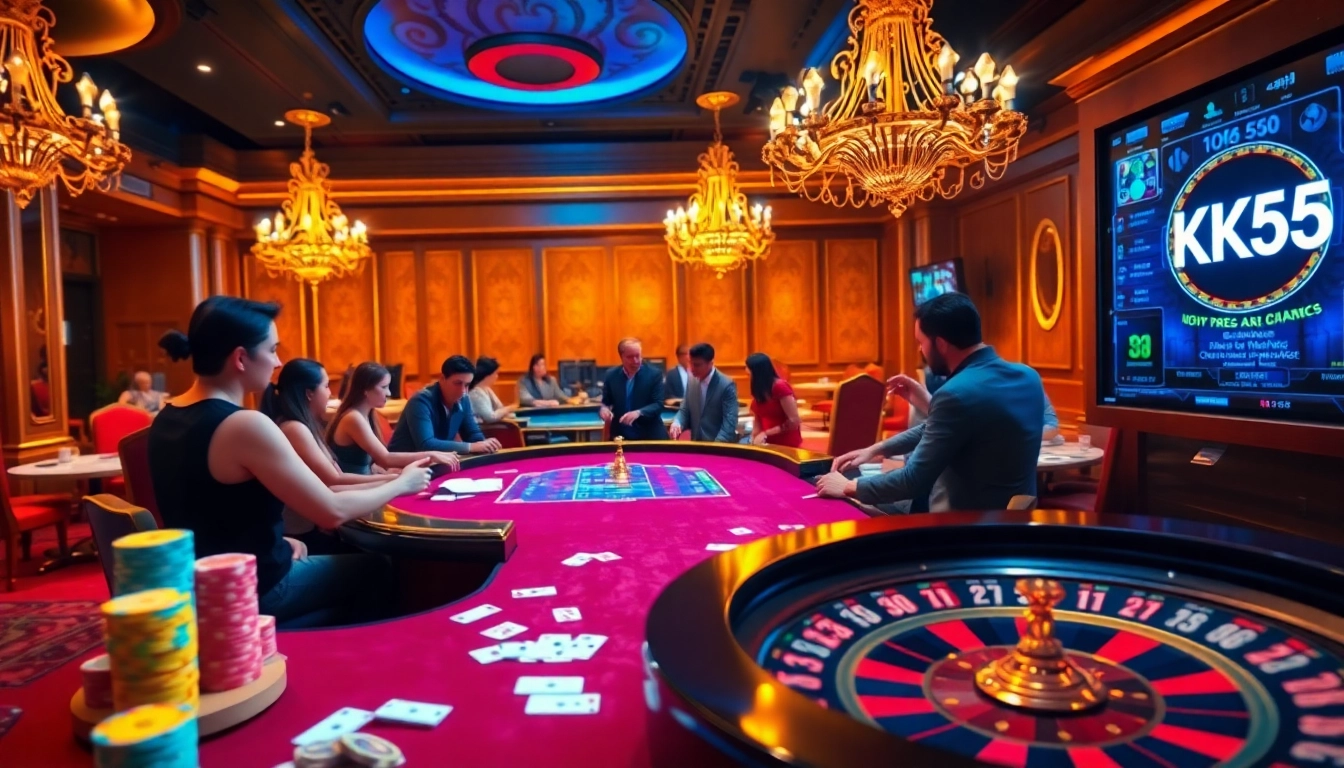 Experience a thrilling poker game at KK55 casino, complete with vibrant chips and elegant decor.