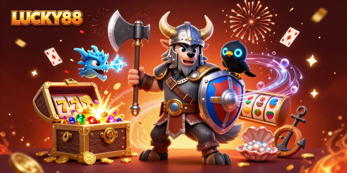 Experience the thrilling LUCKY88 slot with vibrant characters and dynamic gaming elements.