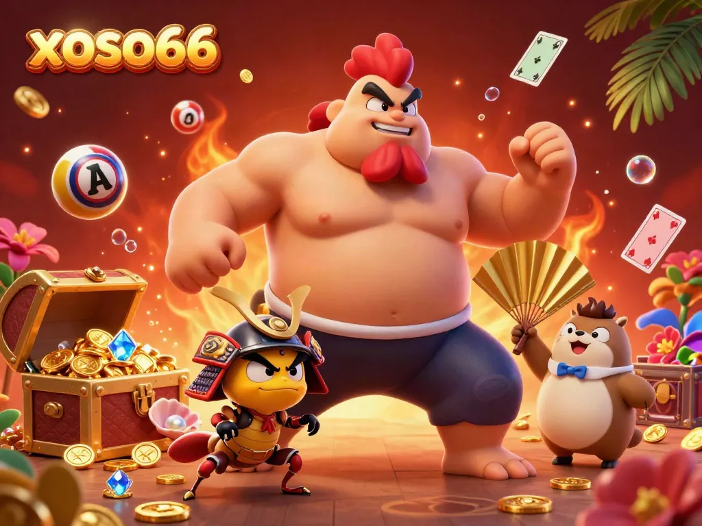 Xoso66 gives gamers an exhilarating view of an intense sumo wrestler rooster scene, enriched with dynamic gaming elements.