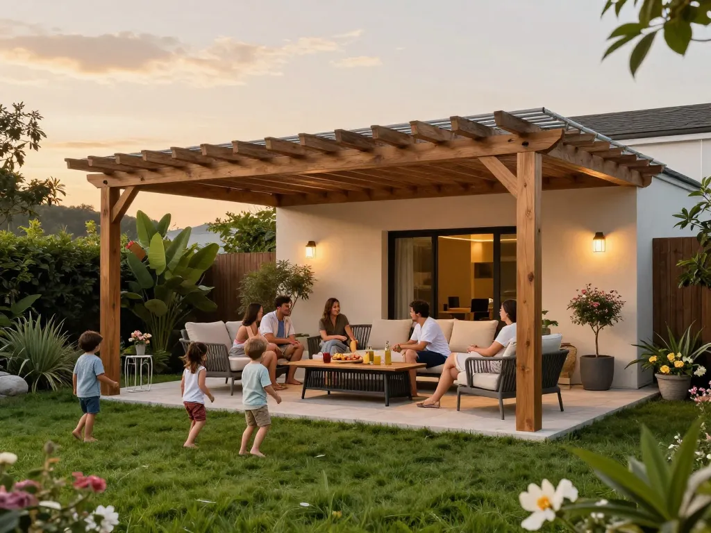 3D pergola configurator showcasing an elegant outdoor living area with family gathering.