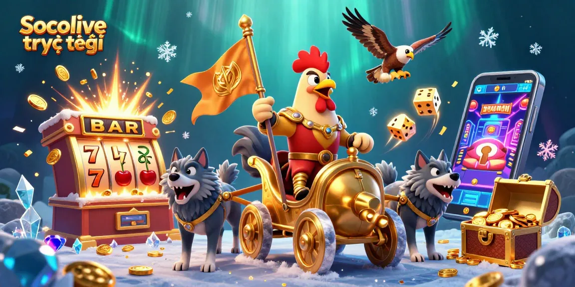 Engage in Socolive trực tiếp with a lively 3D scene of a rooster warlord, slot machines, and golden treasures.