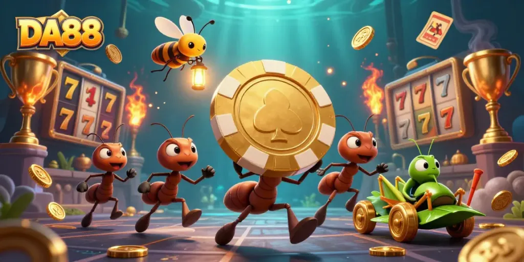 Experience DA88's thrilling heist theme with ants and a grasshopper in a vibrant casino setting