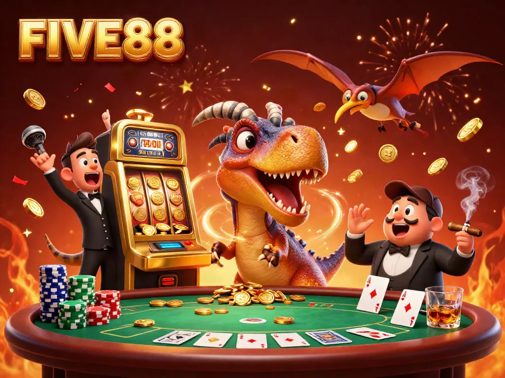 Experience the excitement at FIVE88 with a playful scene of a pachycephalosaurus winning coins!