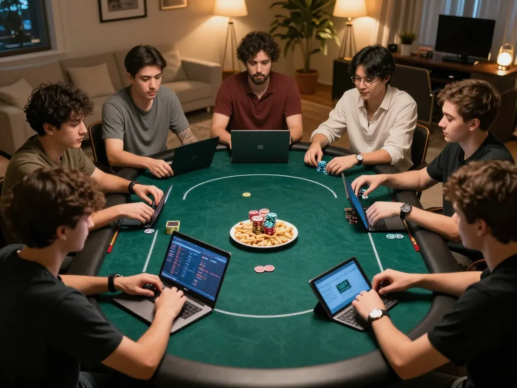 Engaging online poker game scene showcasing players using laptops on 98win trang chủ for strategic gaming.