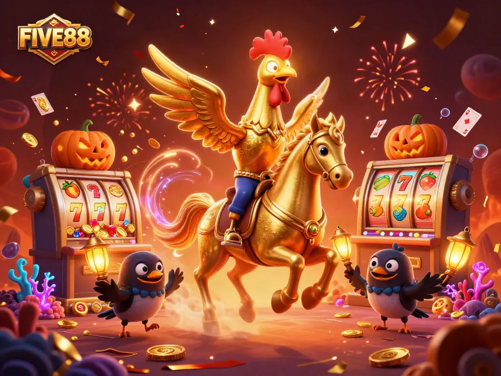 Experience the excitement at FIVE88 with a vibrant casino scene featuring a golden rooster and friends!