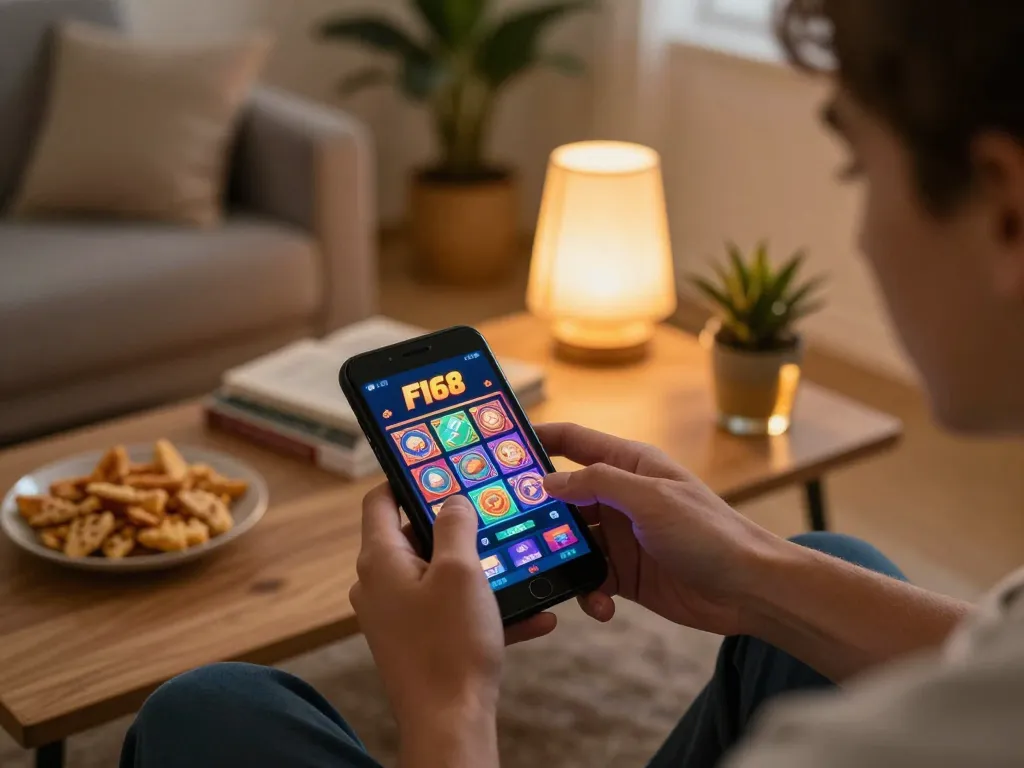Engaging mobile gaming experience with the F168 casino app in a cozy home setting