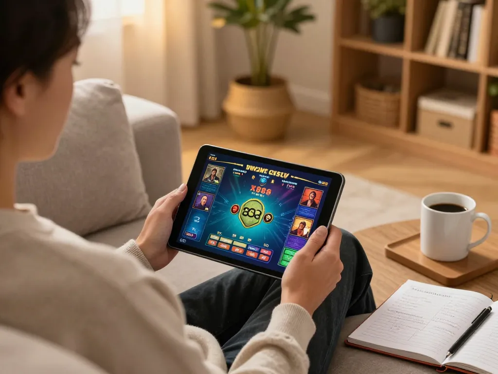 x888 player engaging in immersive online gambling experience with tablet in stylish home setting