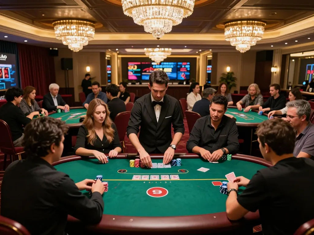 Players enjoy an engaging poker game at NHÀ CÁI MAX88 casino, showcasing vibrant tables and thrilling atmosphere.