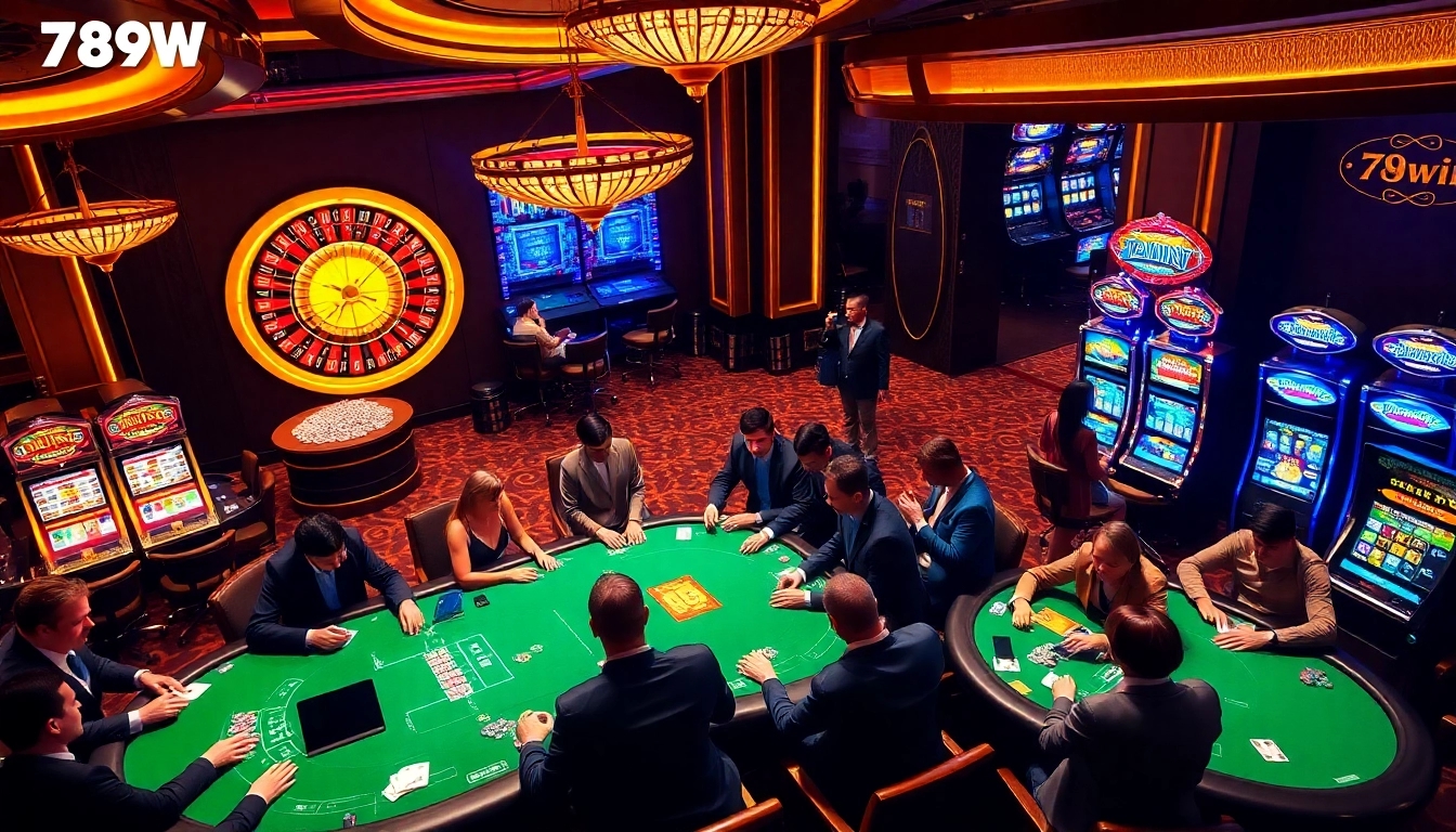 Poker players gamble intensely at a 789win table in a luxurious casino setting.