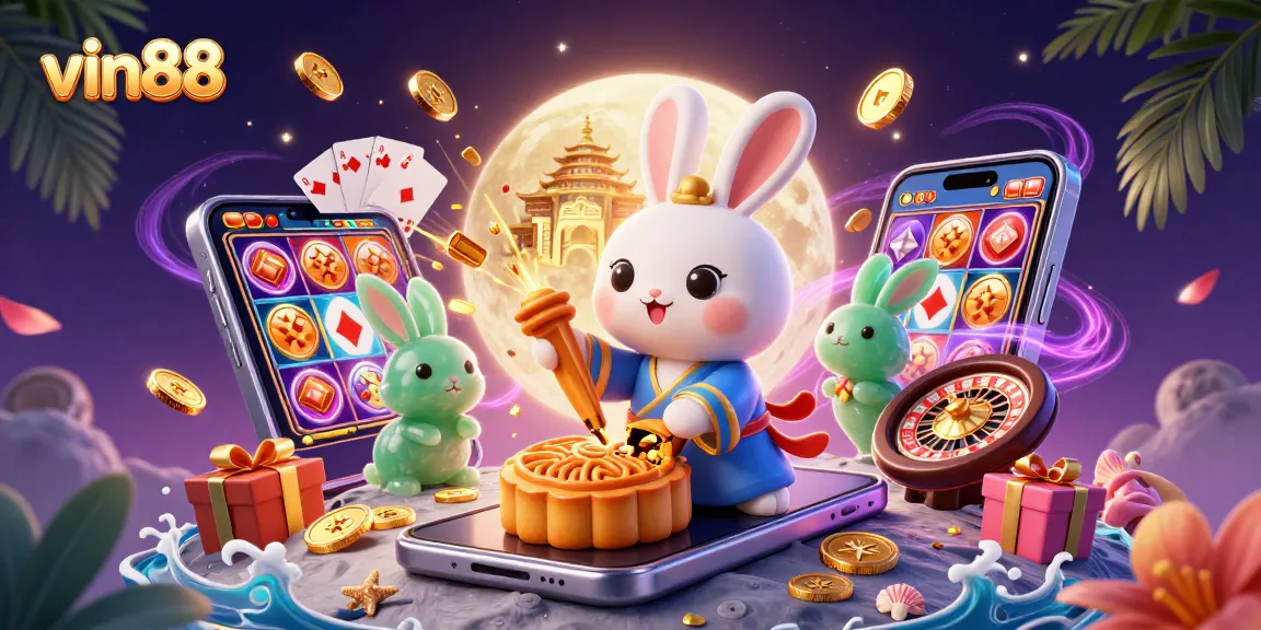 Experience thrilling gameplay with vin88 as a cartoon moon rabbit reveals poker chips amid a vibrant casino scene.