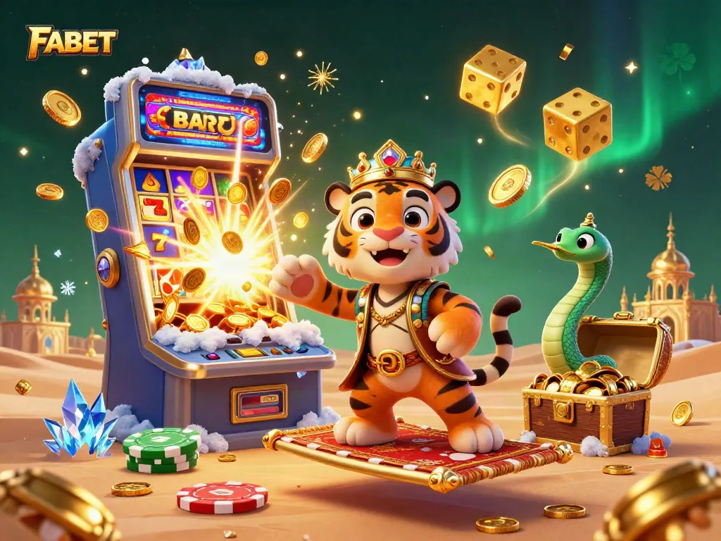 Experience FABET's dynamic jackpot thrills with a colorful 3D casino illustration.