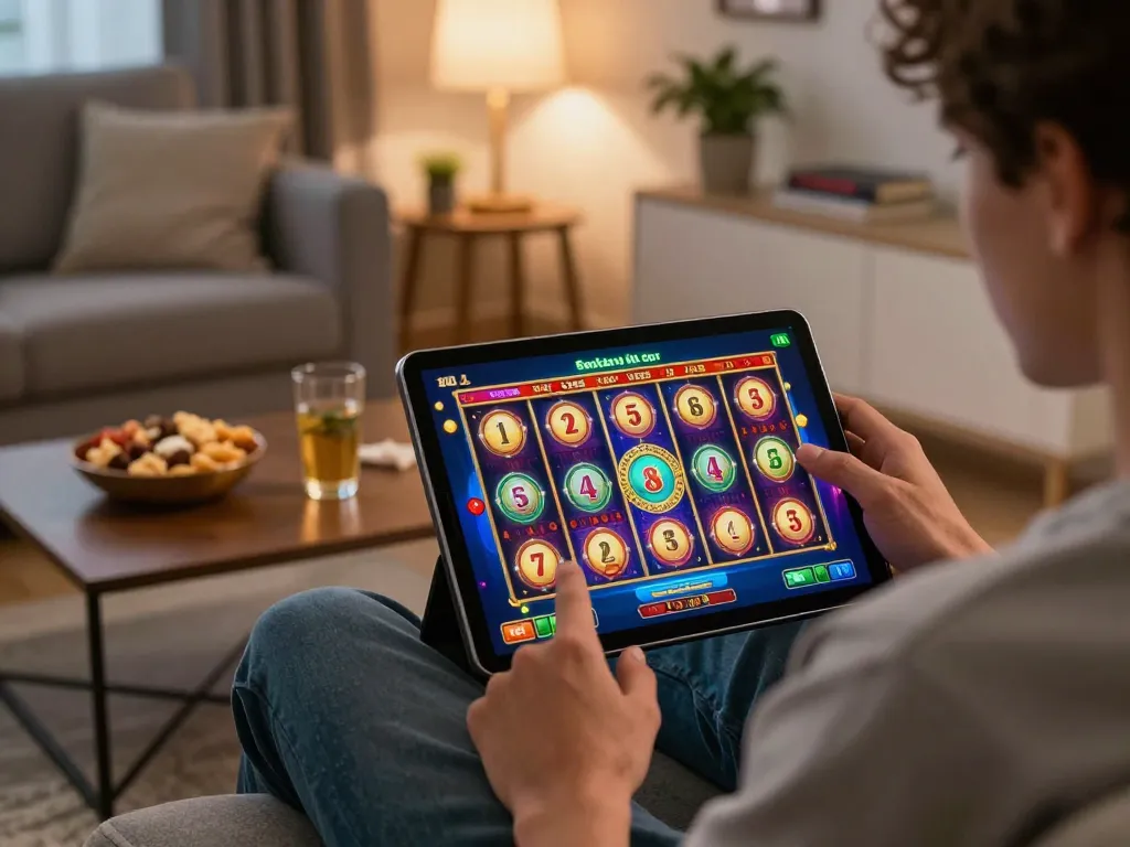 Player enjoying online gaming on trang chủ lc88, depicting a cozy home gaming scene with tablet and snacks.