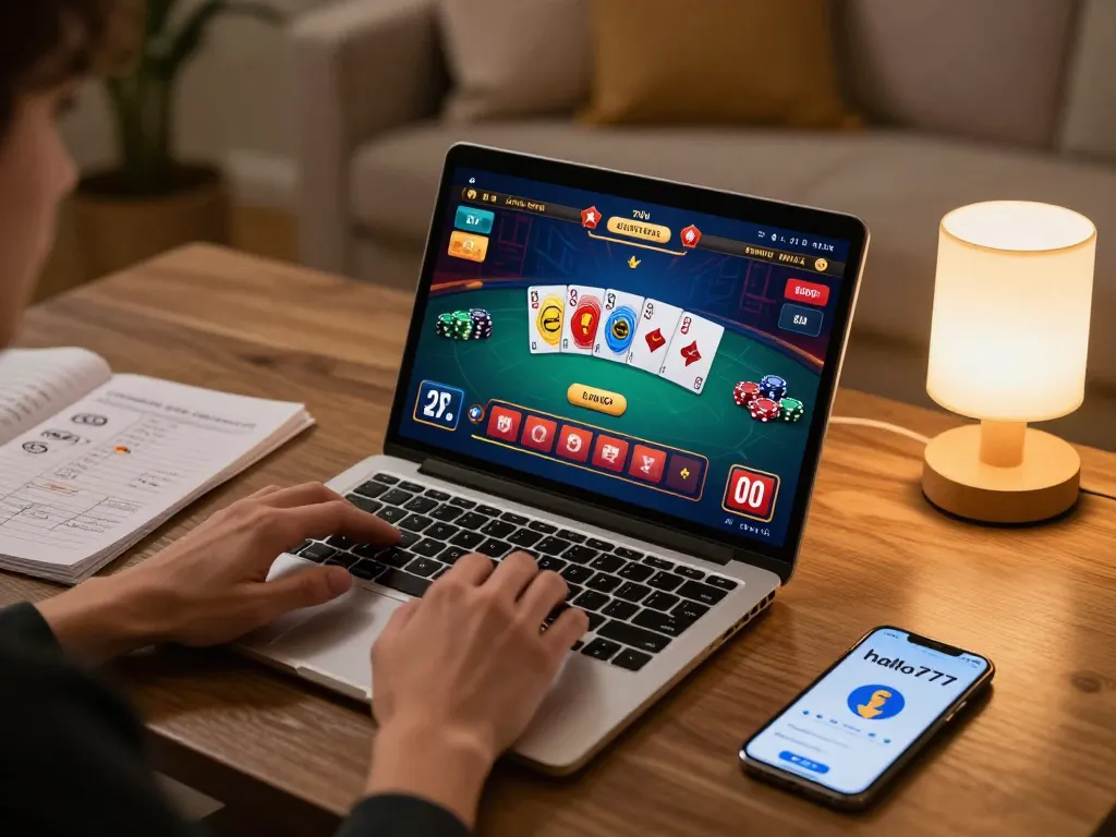 Sesi permainan online interaktif di platform halo777 dengan gameplay poker yang menarik dan suasana rumah yang nyaman