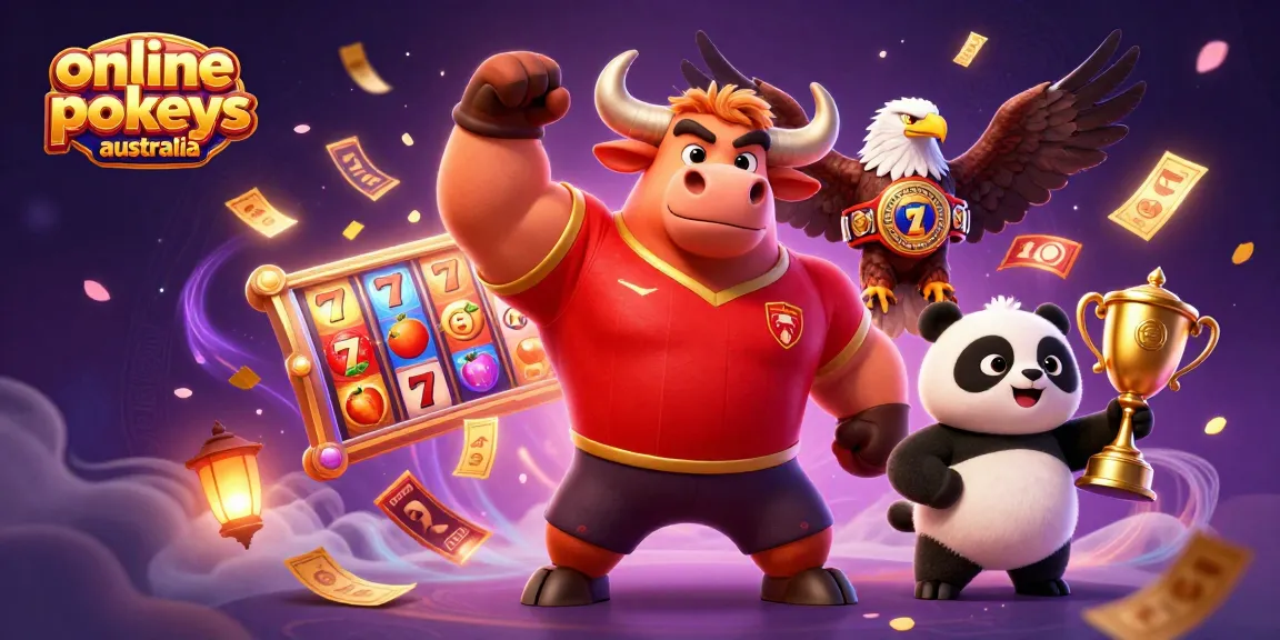 Win big with online pokies Australia in this vibrant 3D scene featuring a bull mascot and exciting gaming elements.