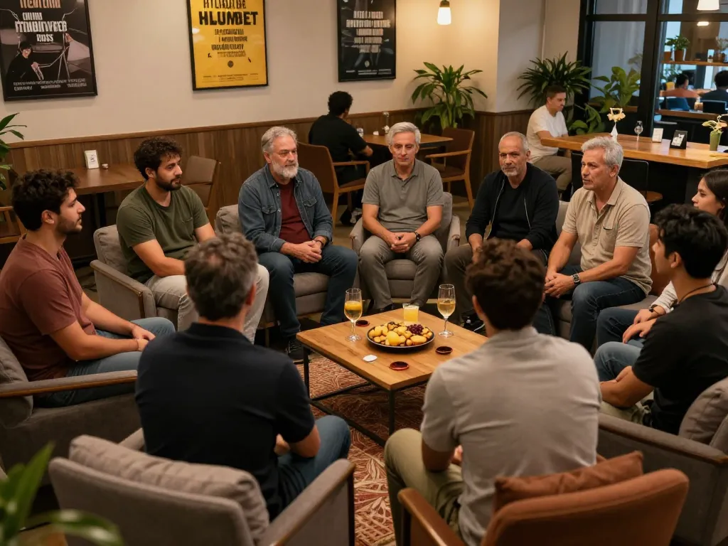 Supportive community gathering at a man club, showcasing diverse men engaged in conversation.