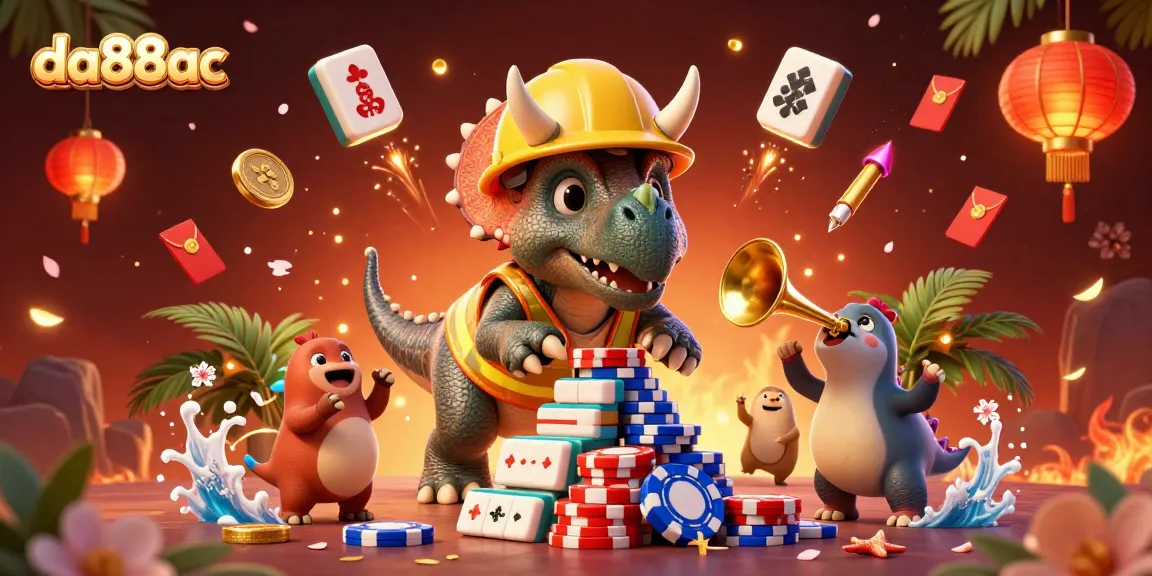 da88ac showcases a triceratops and parasaurolophus in a dynamic casino scene, celebrating wins.
