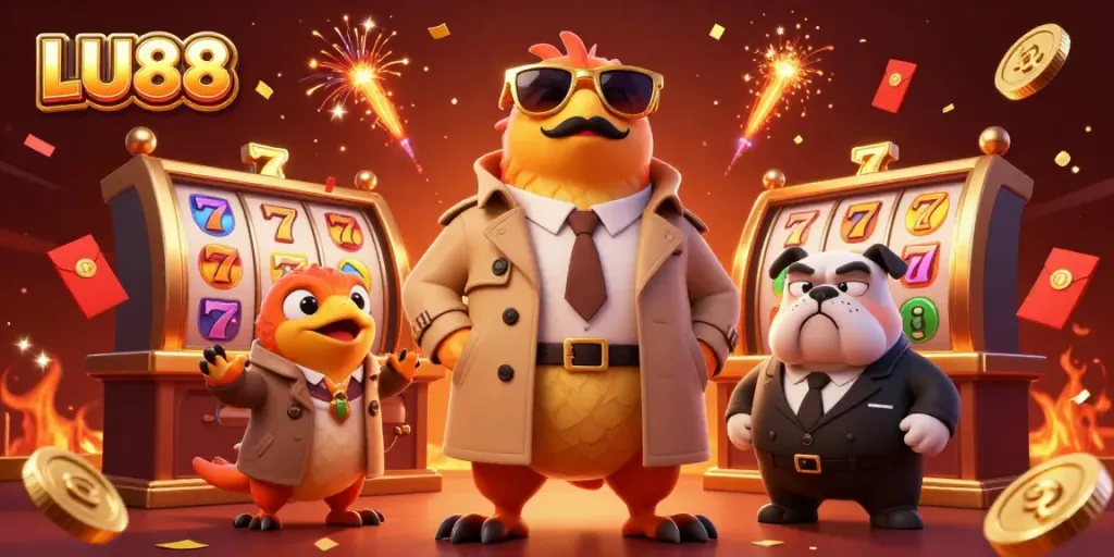 Experience thrilling wins at LU88 with animated raptors in a trench coat entering a VIP casino lounge.