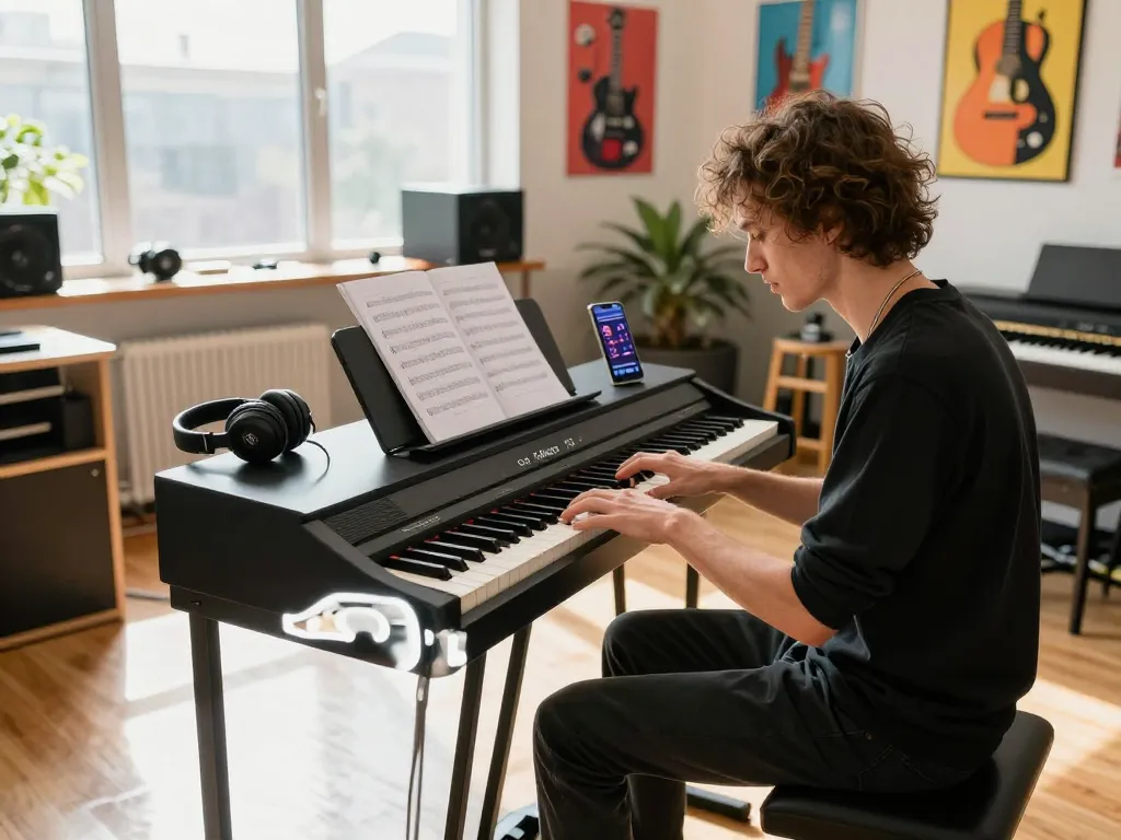 Musician showcasing the go 88 digital piano in a vibrant music studio, surrounded by accessories and natural light.