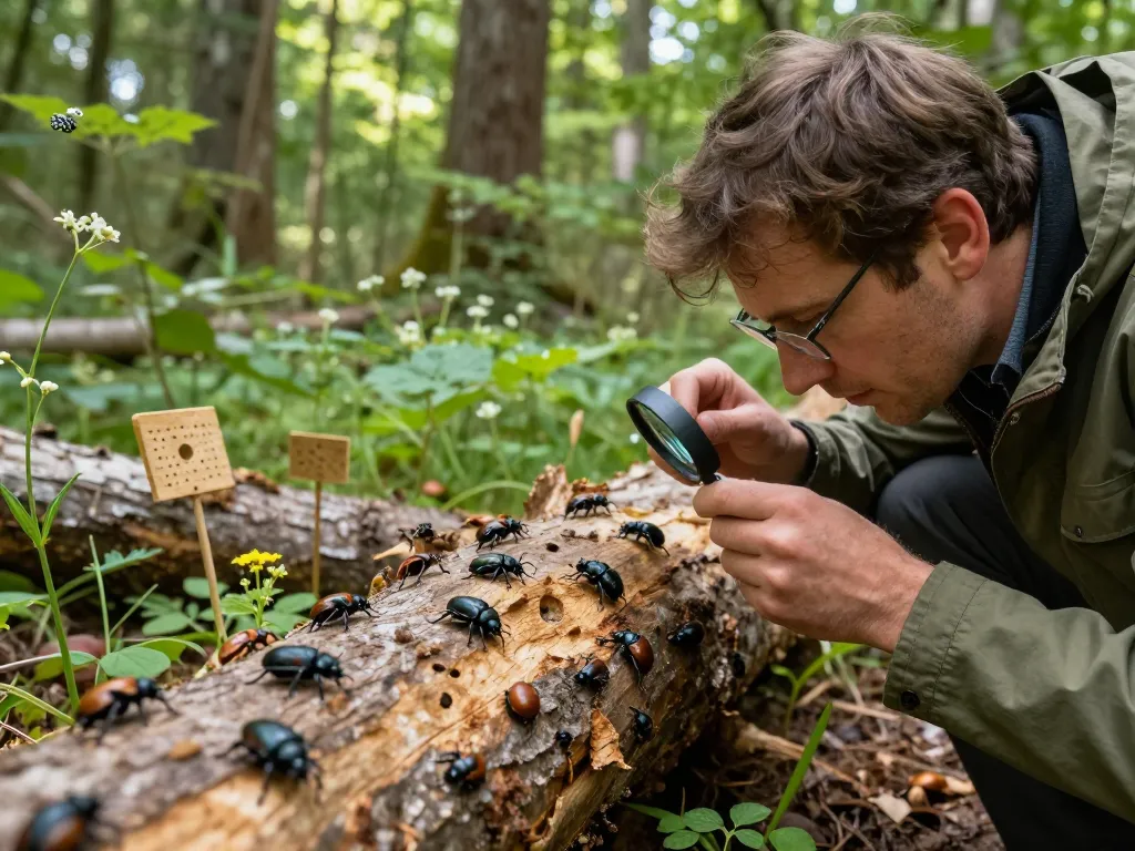 Coleotteri del legno in un habitat forestale naturale, con un entomologo che esamina coleotteri del legno e segni di infestazione su tronchi in decomposizione.
