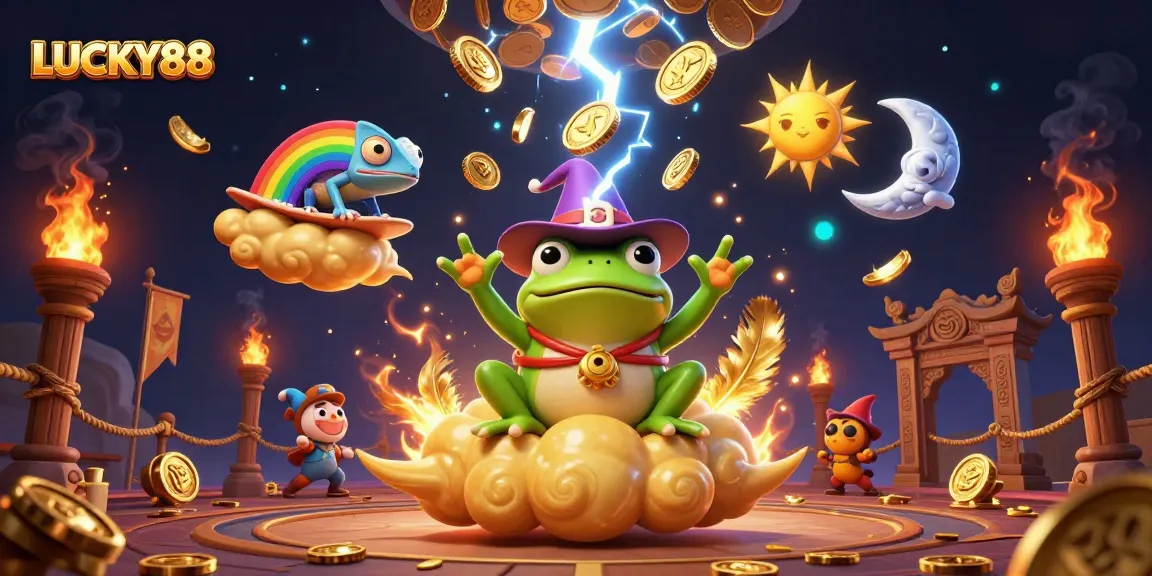 Experience the gaming magic of LUCKY88 with stunning golden coin storms and vibrant characters!