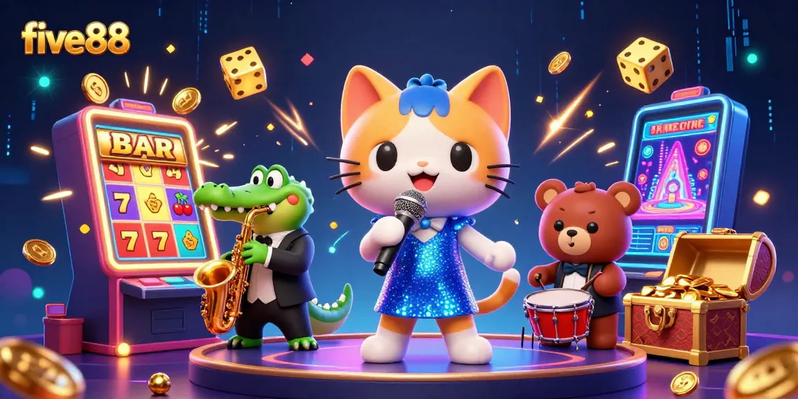 Experience excitement at five88 with a 3D cartoon jazz-singer cat, crocodile, and bear in a vibrant casino