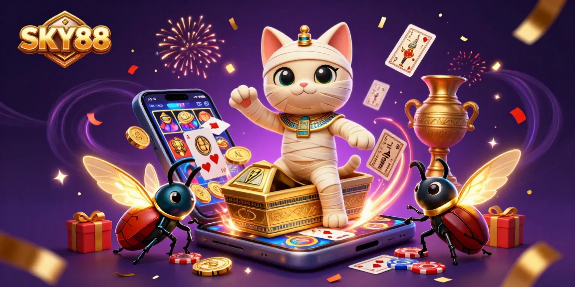 Experience the thrilling games at SKY88's vibrant pyramid casino with a 3D mummy cat and glowing scarab!