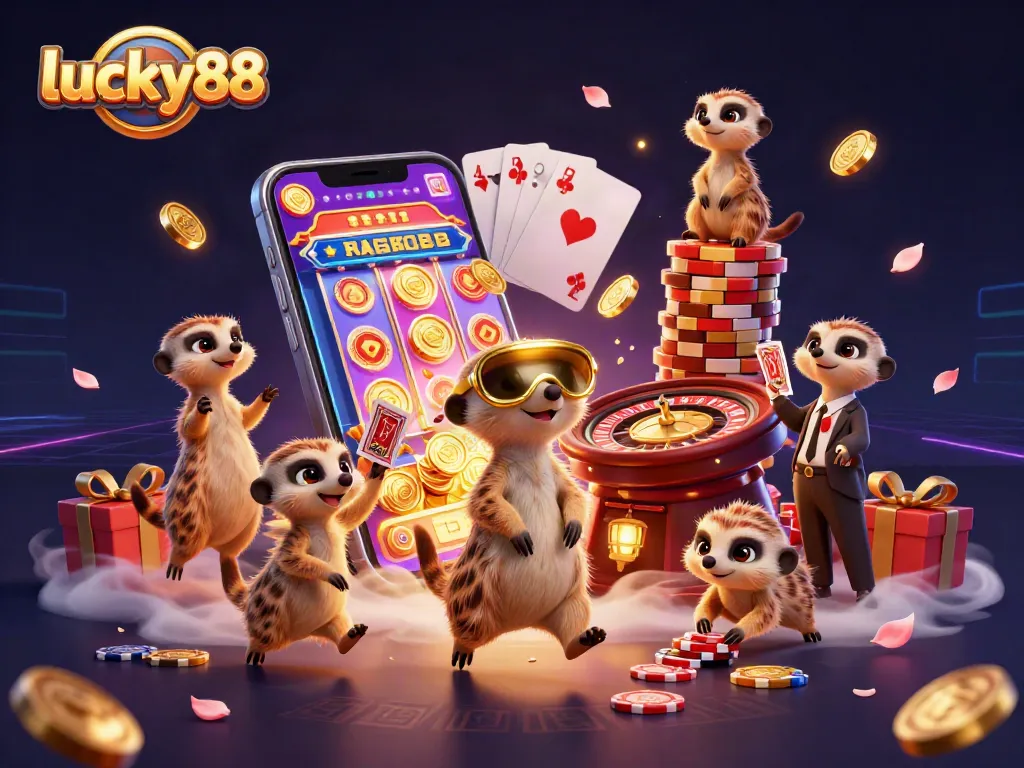 Watch meerkats manage the lucky88 casino while sneaking chips and spinning slots in a vibrant 3D scene.