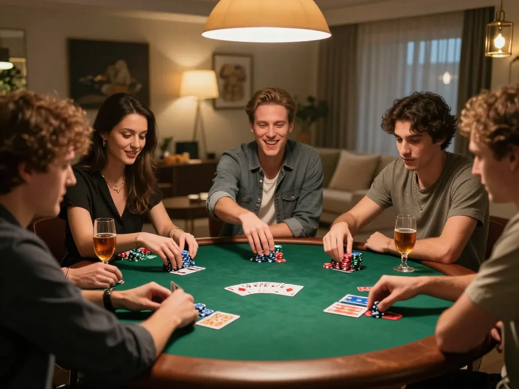 Friends playing poker at home with excitement while using tg88 .com for their gaming strategies