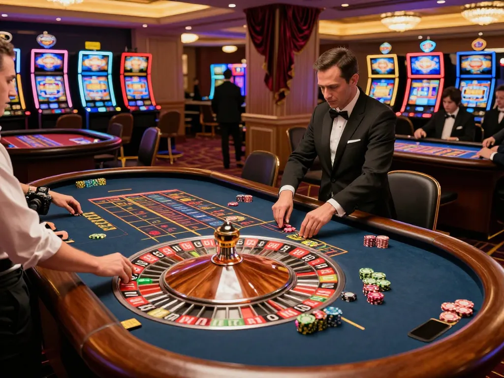 Experience the thrill at Jun88 as players engage at a roulette table in a luxurious casino environment.