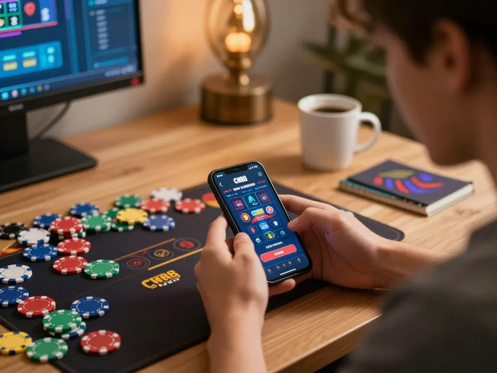 Engaging with the CM88 app for a thrilling online betting experience during cozy home gaming.