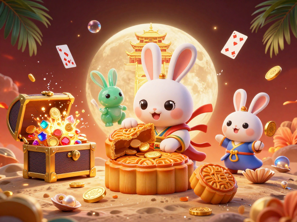 Win poker chips with luongsontv while the moon rabbit pounds golden mooncakes on a vibrant lunar backdrop.