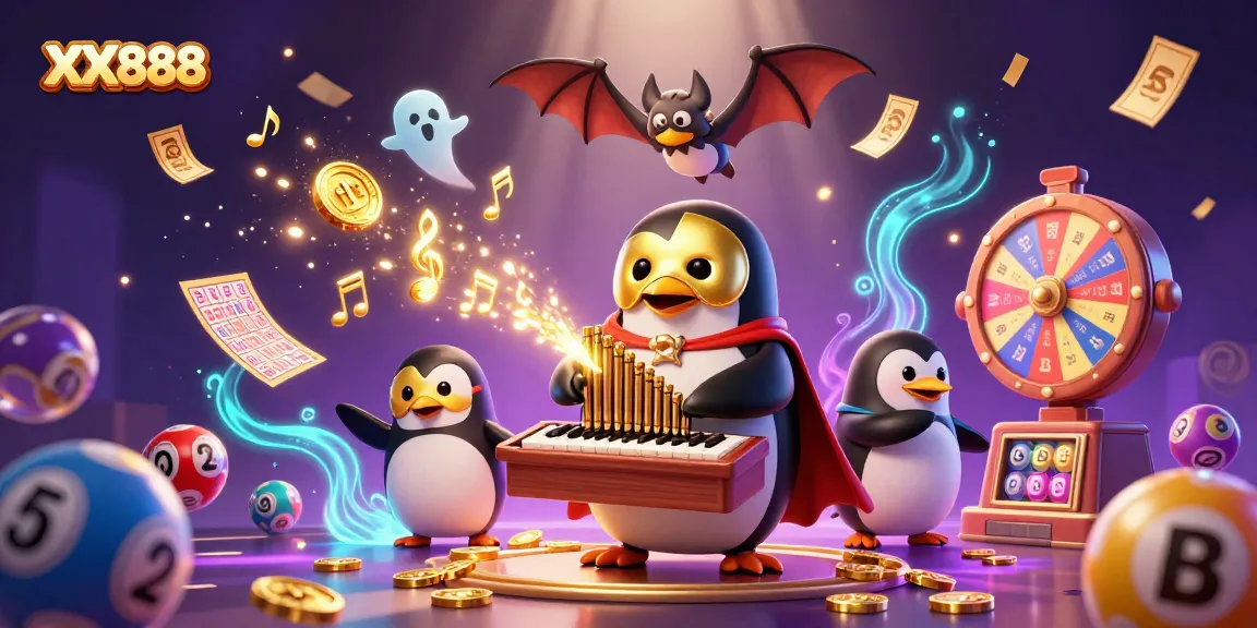 Engage with thrilling games and bonuses at XX888's vibrant casino scene featuring playful penguins.