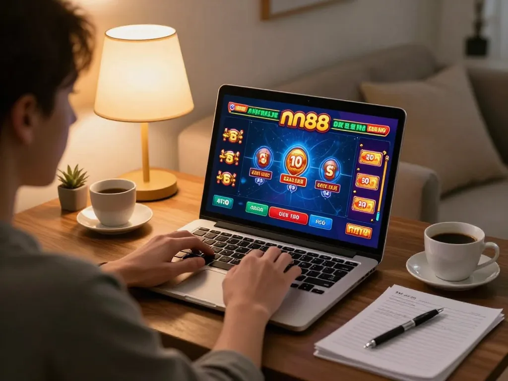 Experience online casino gaming at nn88, with excitement from vibrant gameplay on a laptop.