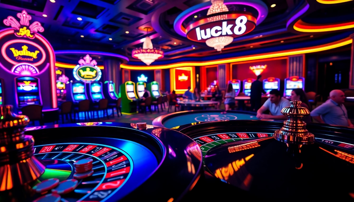 Engaging casino gaming scene featuring luck8 branding with roulette and poker action.