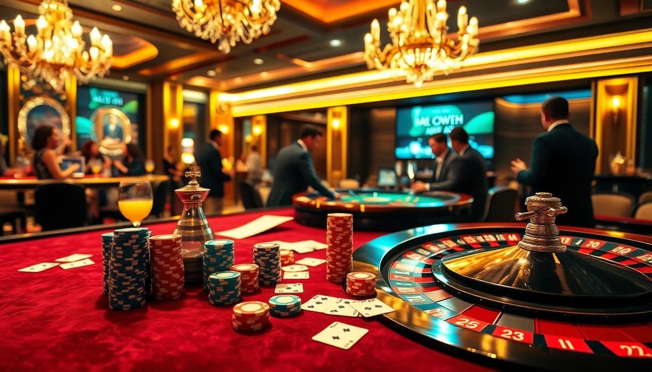 Exciting casino atmosphere at https://cakhia04.tv with poker chips, roulette wheel, and vibrant games.