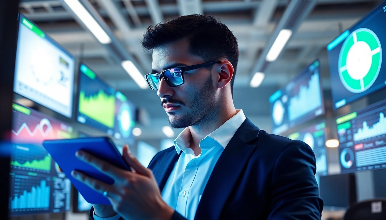 AI Employee analyzing data in a modern office with digital interfaces.