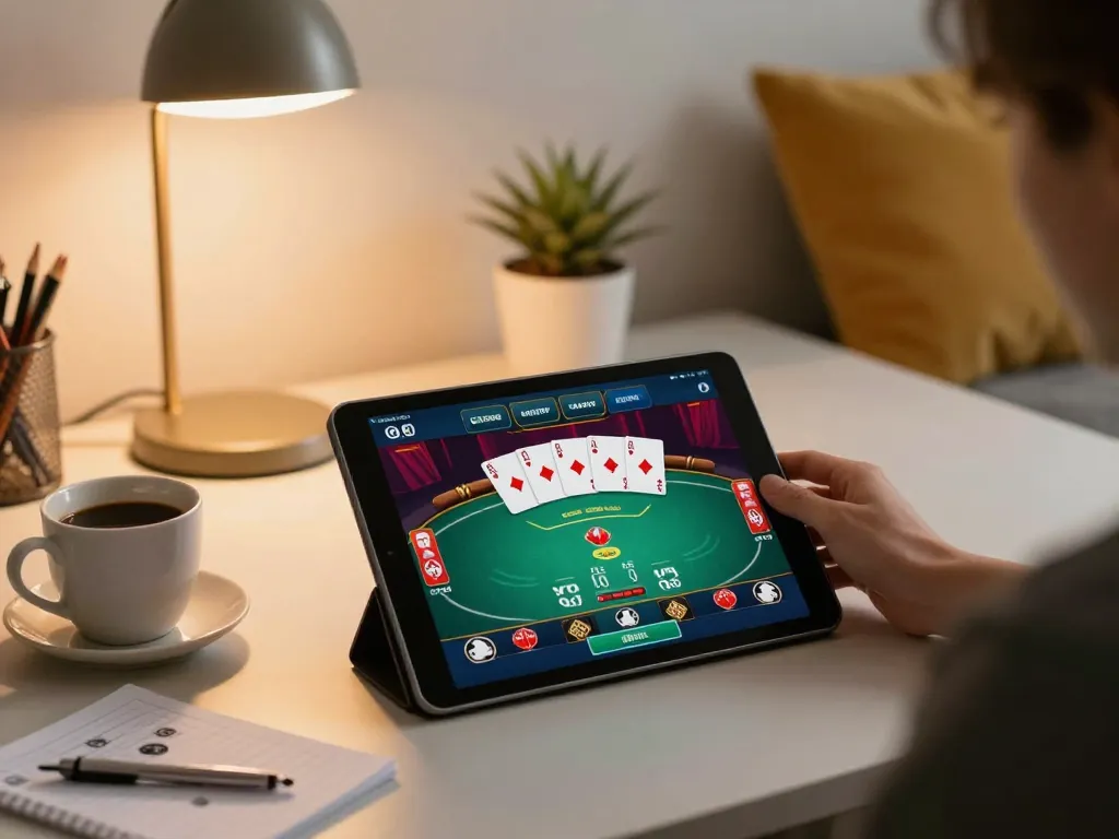 Engaging in online gambling at VSBET with a tablet showcasing poker game.