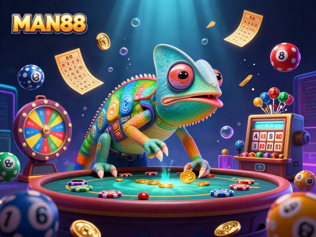 Experience the vibrant excitement at MAN88 casino with colorful lottery balls and golden prizes.