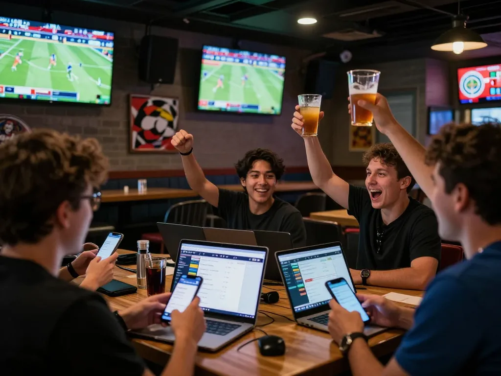 Sports fans engaged in live betting at a vibrant bar, practicing soi keo nha cai.