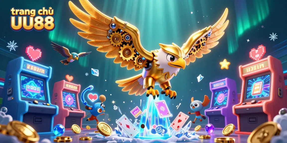 Experience the excitement of trang chủ UU88 with a 3D cybernetic eagle surrounded by dazzling casino elements.