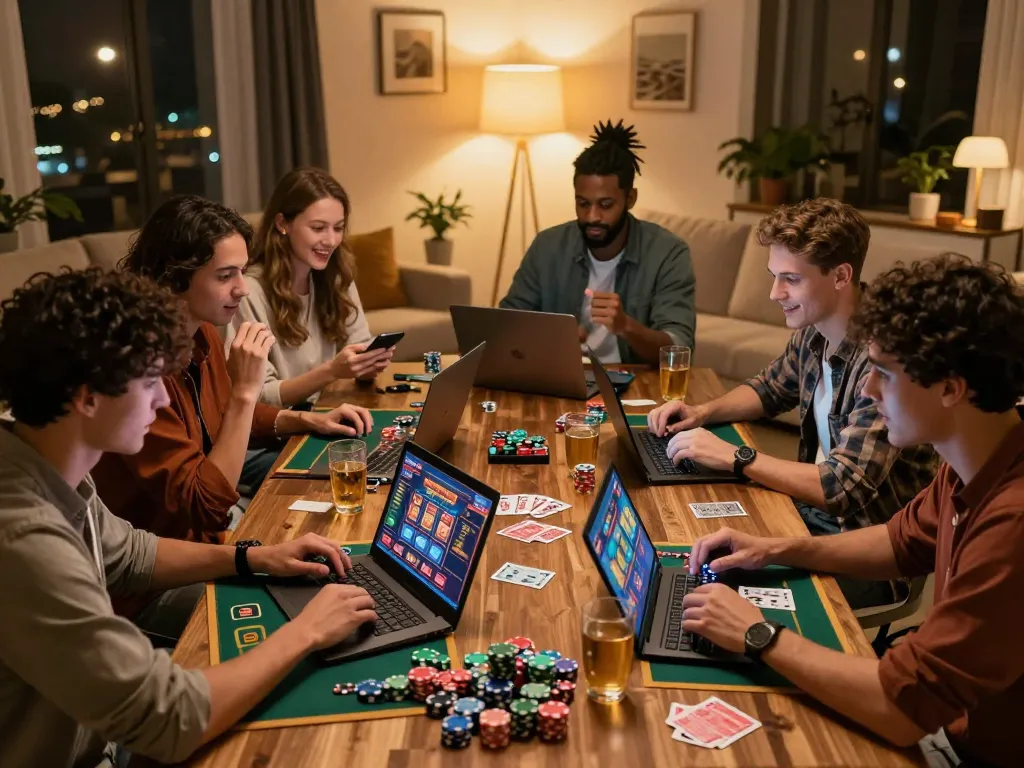 Engaged players strategizing with yo88i cards and chips at a lively home casino night.