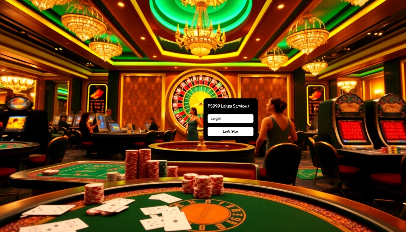 Gamblers playing at an elegant PS99 casino table with cards, chips, and a roulette wheel.