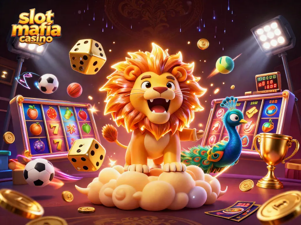 Play thrilling slots at slot mafia casino with vibrant symbols and jackpots in a dynamic scene.