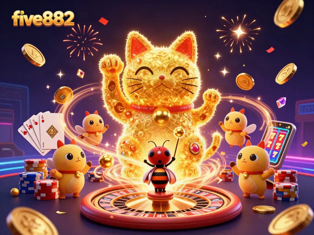 Experience the thrill of five882 gaming with immersive casino action featuring golden fireflies, a lucky cat, and dynamic game elements.