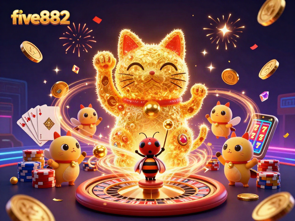 Experience the thrill of five882 gaming with immersive casino action featuring golden fireflies, a lucky cat, and dynamic game elements.