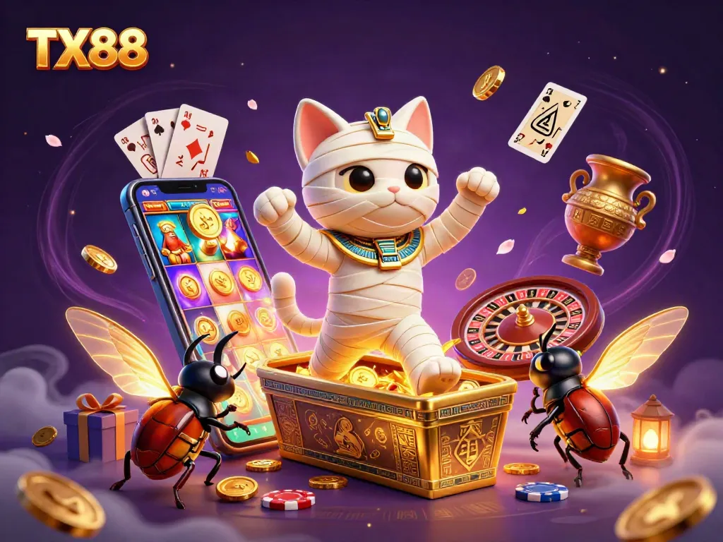 Engage in exciting gaming adventures with TX88 at a vibrant casino scene featuring an Egyptian mummy cat and dynamic games.