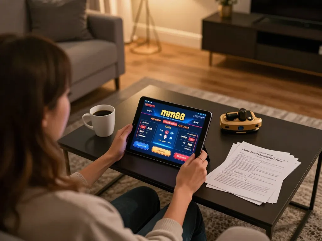 Play on mm88 in a cozy home setup with a tablet showing the online casino interface