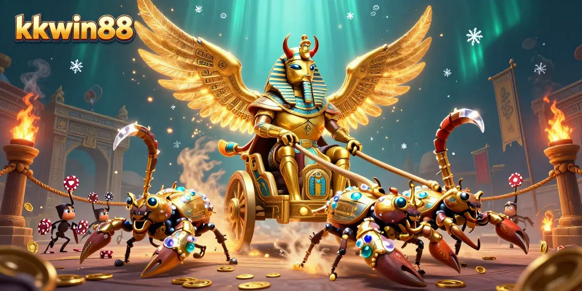 Engage with the thrilling world of kkwin88 as a golden scarab beetle leads a dynamic gaming scene.